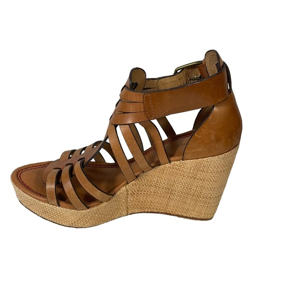 Trask Brown Saddle Leather Strappy Burlap Platform Heel Wedge Sandal Sz 9 - Picture 5 of 10